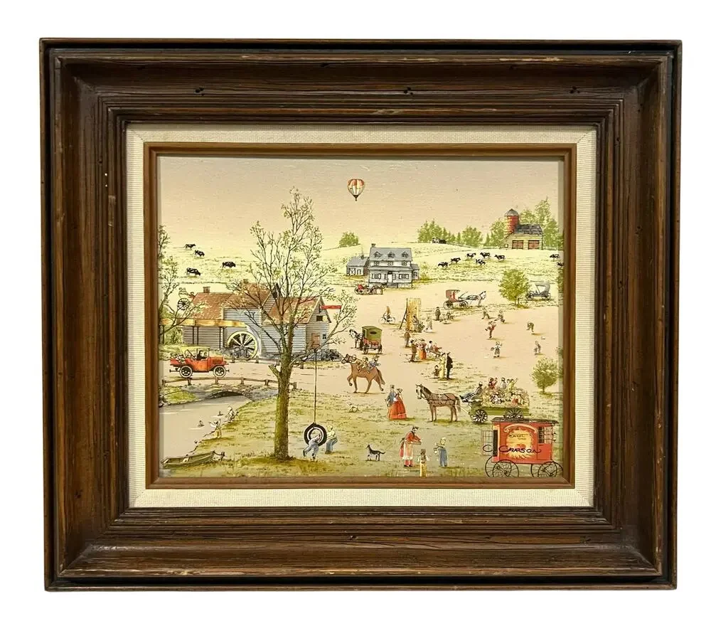 C. Carson Country Village Folk Art Framed Print Rustic Wood Frame 12.5x14.5”